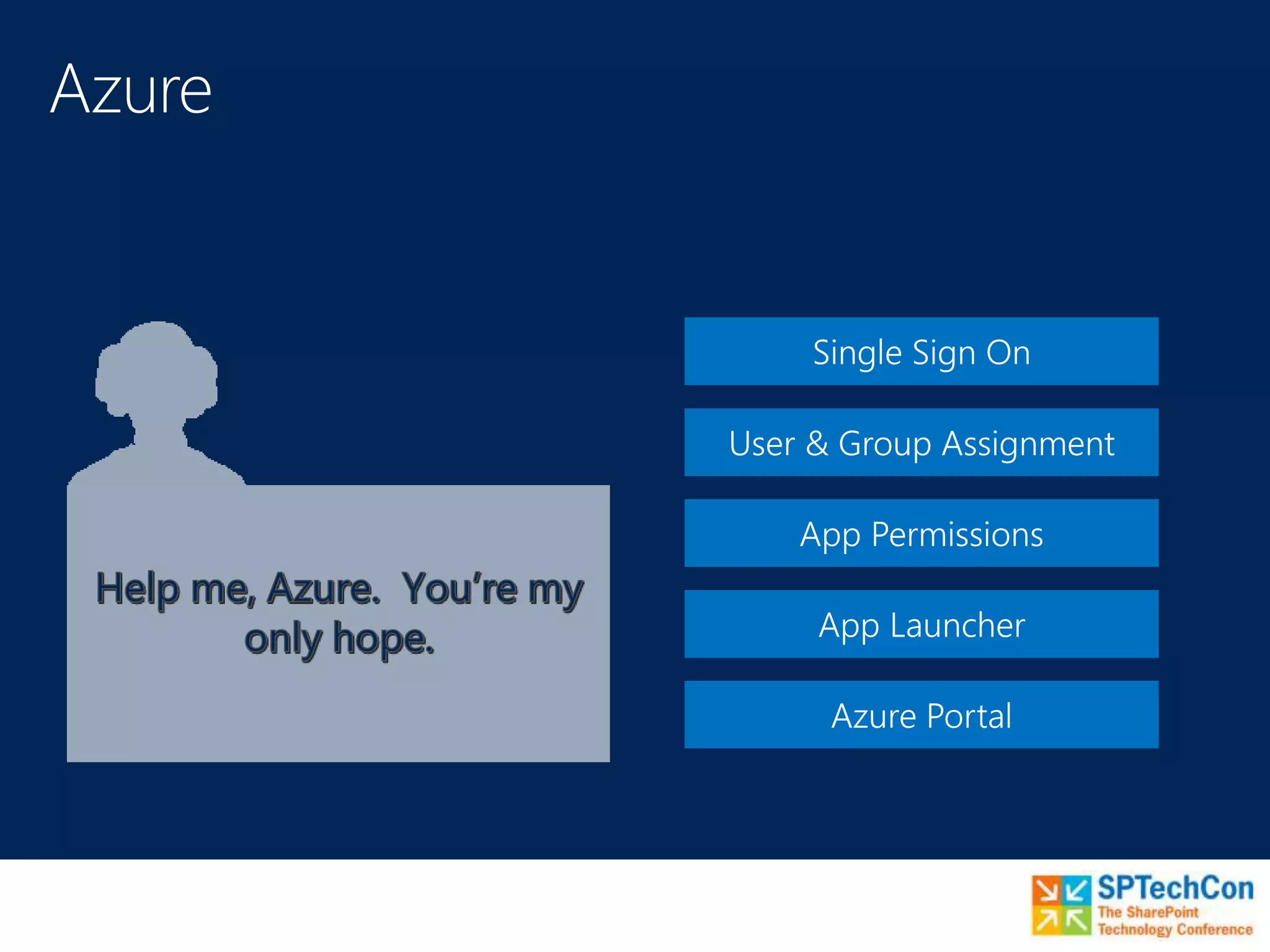 Single Sign On
User & Group Assignment
App Permissions
App Launcher
Azure Portal
 