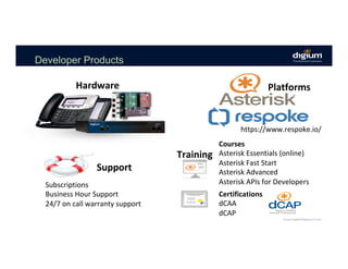 Developer Products
Courses	
Asterisk	Essentials	(online)	
Asterisk	Fast	Start	
Asterisk	Advanced	
Asterisk	APIs	for	Developers	
Certifications	
dCAA	
dCAP	
Training	
Support	
Subscriptions	
Business	Hour	Support	
24/7	on	call	warranty	support	
https://www.respoke.io/	
Hardware	 Platforms	
 