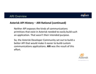 ARI Overview
	
Neither	API	exposes	the	kinds	of	communications	
primitives	that	exist	in	Asterisk	needed	to	easily	build	such	
an	application.	That	wasn’t	their	intended	purpose.	
	
So,	the	Asterisk	Developer	Community	set	out	to	build	a	
better	API	that	would	make	it	easier	to	build	custom	
communications	applications.	ARI	was	the	result	of	this	
effort.	
Asterisk	API	History	–	ARI	Rational	(continued)	
 