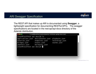 ARI Swagger Specification
The REST API that makes up ARI is documented using Swagger, a
lightweight specification for documenting RESTful API's. The swagger
specifications are located in the rest-api/api-docs directory of the
Asterisk distribution.
 