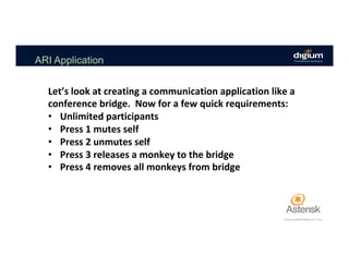 ARI Application
Let’s	look	at	creating	a	communication	application	like	a	
conference	bridge.		Now	for	a	few	quick	requirements:	
•  Unlimited	participants	
•  Press	1	mutes	self	
•  Press	2	unmutes	self	
•  Press	3	releases	a	monkey	to	the	bridge	
•  Press	4	removes	all	monkeys	from	bridge	
 