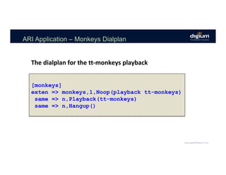 ARI Application – Monkeys Dialplan
The	dialplan	for	the	tt-monkeys	playback	
[monkeys]
exten => monkeys,1,Noop(playback tt-monkeys)
same => n,Playback(tt-monkeys)
same => n,Hangup()
 