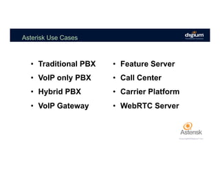 Asterisk Use Cases
•  Traditional PBX
•  VoIP only PBX
•  Hybrid PBX
•  VoIP Gateway
•  Feature Server
•  Call Center
•  Carrier Platform
•  WebRTC Server
 