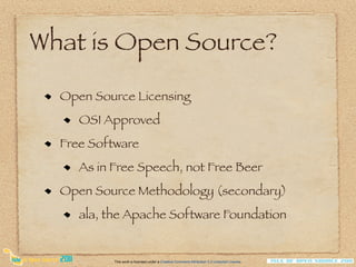 What is Open Source?

  Open Source Licensing
     OSI Approved
  Free Software
     As in Free Speech, not Free Beer
  Open Source Methodology (secondary)
     ala, the Apache Software Foundation


           This work is licensed under a Creative Commons Attribution 3.0 Unported License.
 