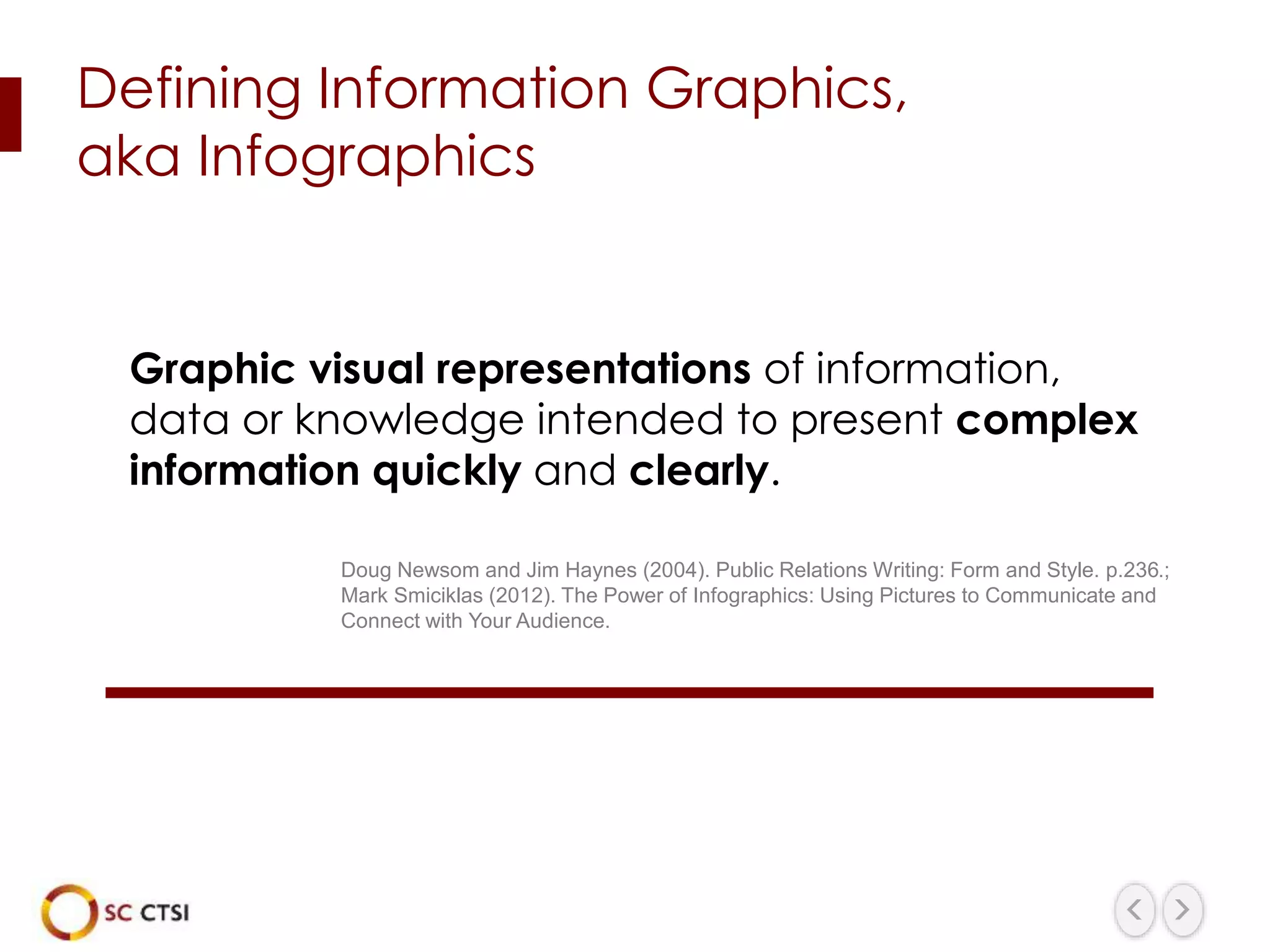 Defining Information Graphics,
aka Infographics
Graphic visual representations of information,
data or knowledge intended to present complex
information quickly and clearly.
Doug Newsom and Jim Haynes (2004). Public Relations Writing: Form and Style. p.236.;
Mark Smiciklas (2012). The Power of Infographics: Using Pictures to Communicate and
Connect with Your Audience.
 