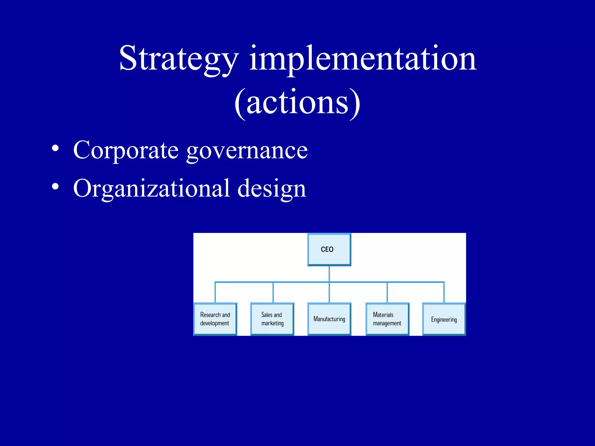 Strategy implementation (actions) Corporate governance Organizational design 