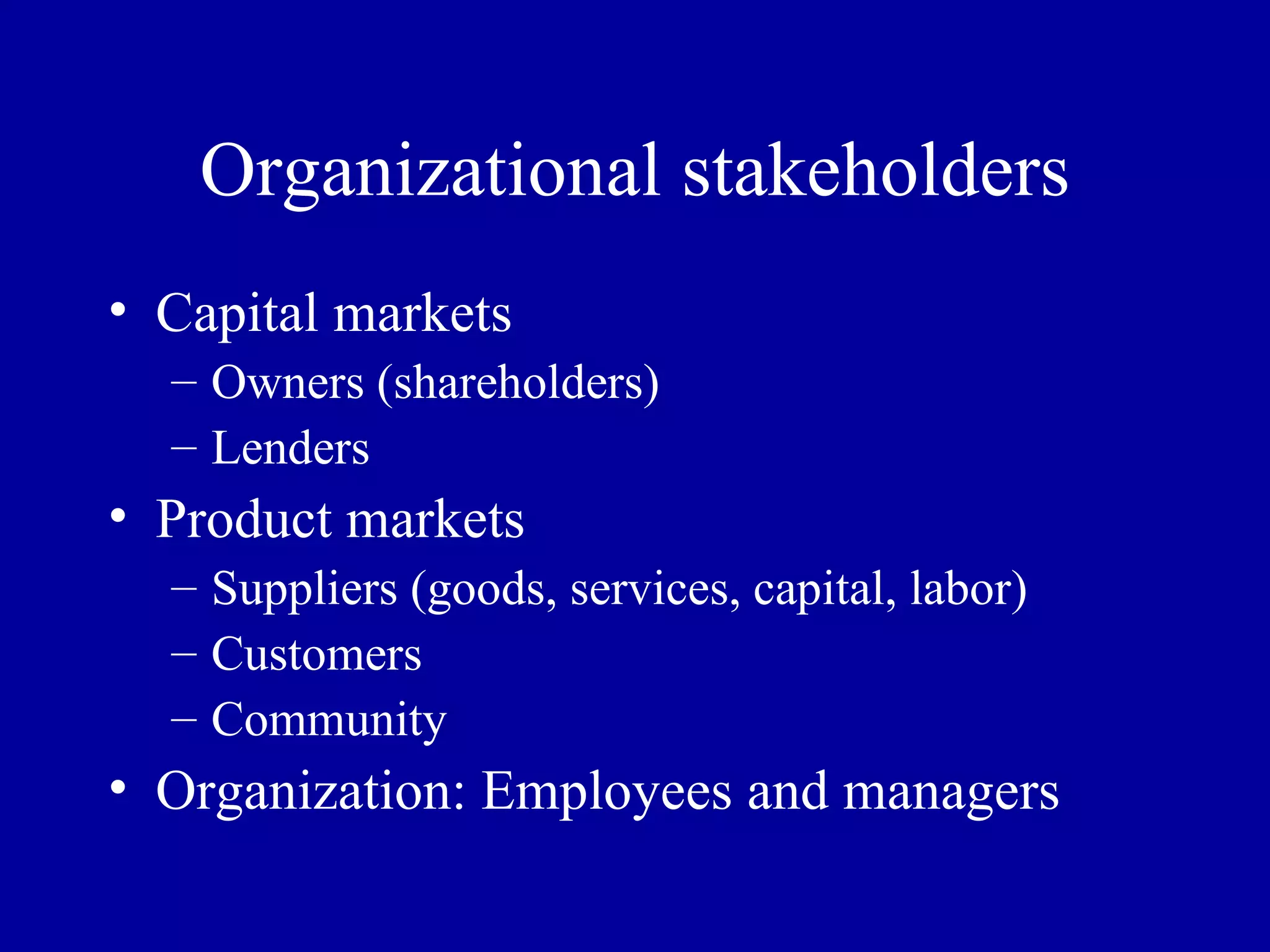 Organizational stakeholders Capital markets Owners (shareholders) Lenders Product markets Suppliers (goods, services, capital, labor) Customers Community Organization: Employees and managers 
