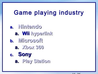 Game playing industry
a.

Nintendo
a. Wii hyperlink

b.

Microsoft
a. Xbox 360

c.

Sony
a. Play Station

 