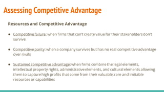 Assessing Competitive Advantage
Resources and Competitive Advantage
● Competitive failure: when firms that can’t create value for their stakeholdersdon’t
survive
● Competitive parity: when a company survives but has no real competitiveadvantage
over rivals
● Sustainedcompetitiveadvantage:when firms combine the legal elements,
intellectual property rights, administrativeelements, and cultural elements allowing
them to capturehigh profits that come from their valuable,rare and imitable
resources or capabilities
 