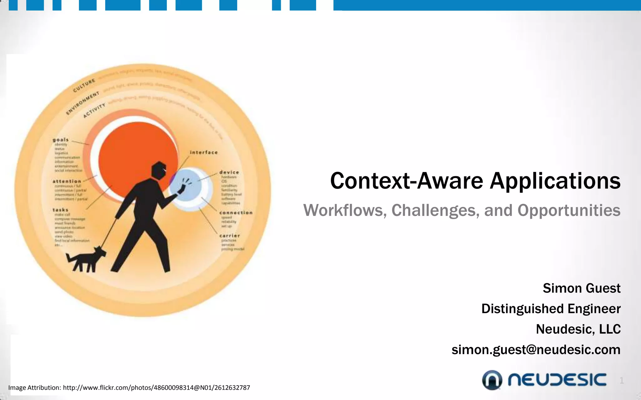 Context-Aware Applications
Workflows, Challenges, and Opportunities

Simon Guest
Distinguished Engineer
Neudesic, LLC
simon.guest@neudesic.com
Image Attribution: http://www.flickr.com/photos/48600098314@N01/2612632787

1

 