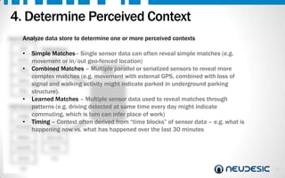 4. Determine Perceived Context
Analyze
Hard Sensors

data store to determine one or more perceived contexts

Collections
Simple Matches– Single sensor data can often reveal simple matches (e.g.
Accel. movement or in/out geo-fenced location)
Geo
Non-Relational
•
Temp Combined Matches – Multiple parallel or serialized sensors to reveal more
Motion
Store
complex matches (e.g. movement with external GPS, combined with loss of
Noise
signalEnviron.walking activity might indicate parked in underground parking
and
Step structure).
etc.
• Learned Matches – Multiple sensor data used to reveal matches through
Soft Sensors
patterns (e.g. driving detected at same time every day might indicate
Profile commuting, which is turn can infer place of work)
• Timing – Context often derived from “time blocks” of sensor data – e.g. what is
Events
Schedule
happening now vs. what has happened over the last 30 minutes
GPS

•

History

New Like

Likes/Dis
.

Friend

Social

etc.

etc.

11

 