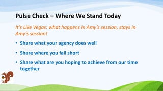 Pulse Check – Where We Stand Today
It’s Like Vegas: what happens in Amy’s session, stays in
Amy’s session!
• Share what your agency does well
• Share where you fall short
• Share what are you hoping to achieve from our time
together
 