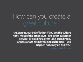 How can you create a
great culture?
“AtZappos,ourbeliefisthatifyougettheculture
right,mostoftheotherstuff—likegreatcustomer
service,orbuildingagreatlong-termbrand,
orpassionateemployeesandcustomers—will
happennaturallyonitsown.”
—TonyH.,CEOof Zappos
 