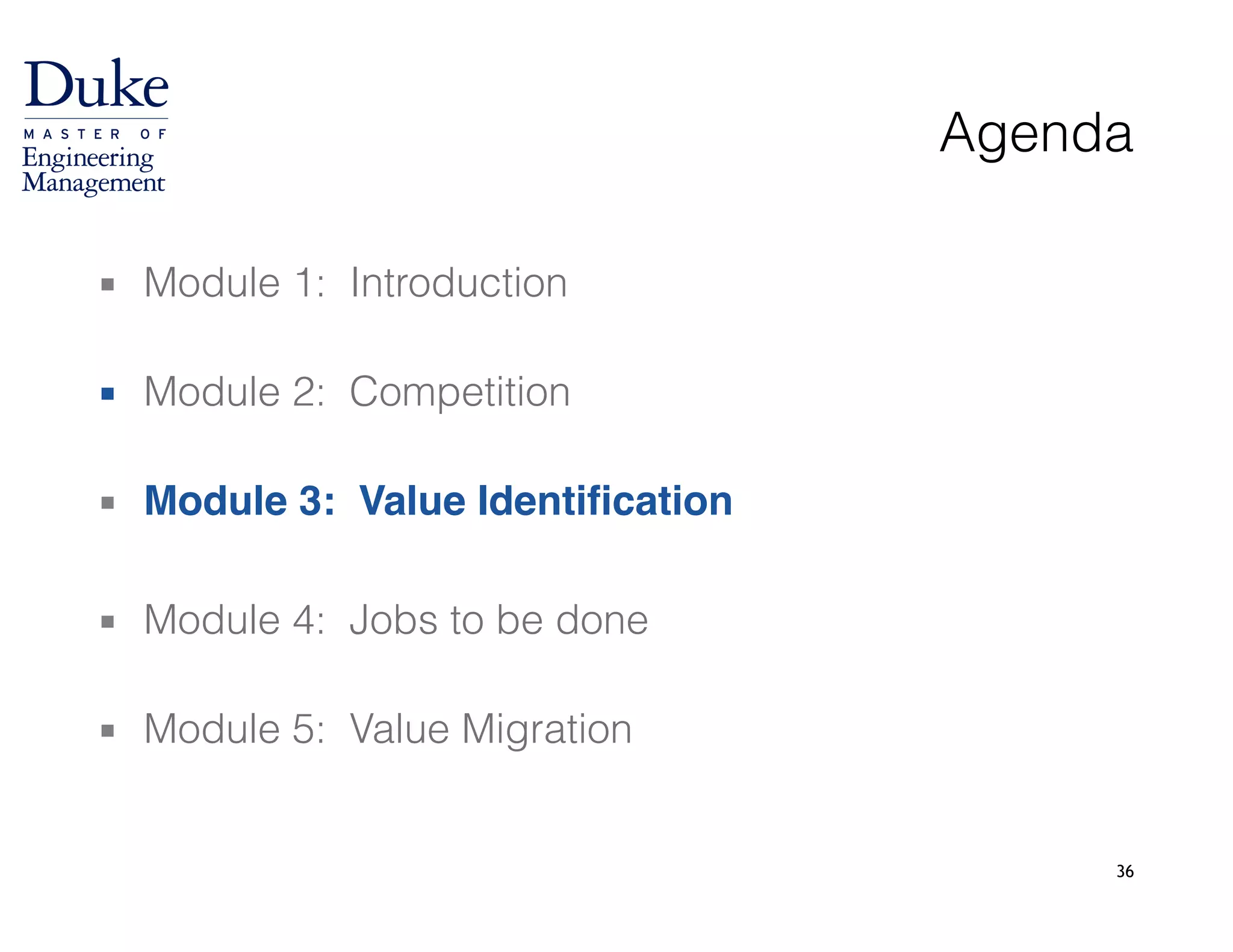 36
Agenda
▪ Module 1: Introduction 
▪ Module 2: Competition 
▪ Module 3: Value Identification!
!
▪ Module 4: Jobs to be done 
▪ Module 5: Value Migration
 