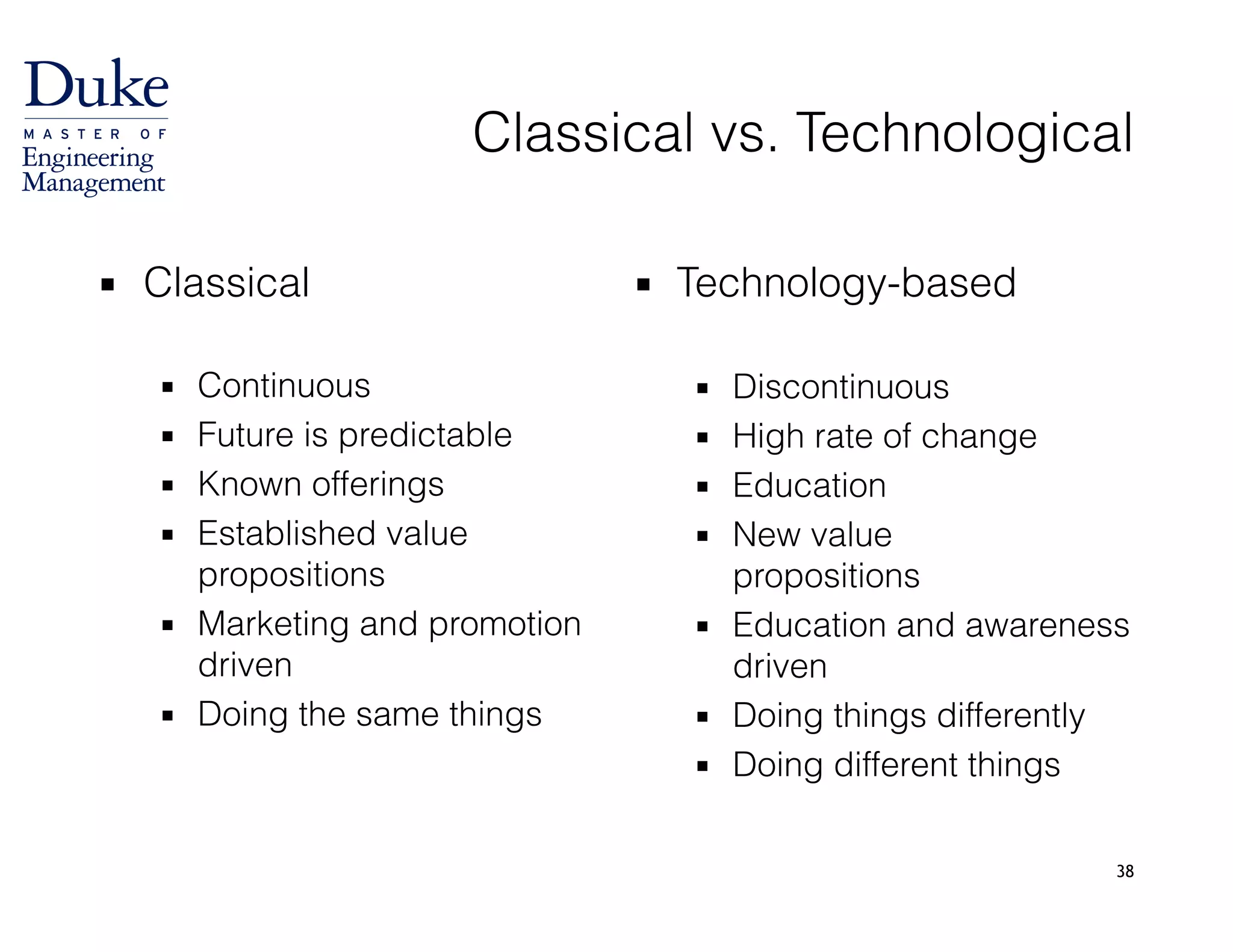 Classical vs. Technological
▪ Classical 
▪ Continuous
▪ Future is predictable
▪ Known offerings
▪ Established value
propositions
▪ Marketing and promotion
driven
▪ Doing the same things
▪ Technology-based
!
▪ Discontinuous
▪ High rate of change
▪ Education
▪ New value  
propositions
▪ Education and awareness
driven
▪ Doing things differently
▪ Doing different things
38
 