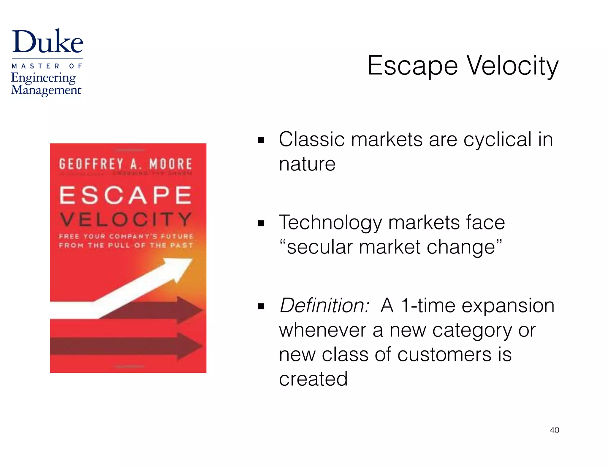Escape Velocity
▪ Classic markets are cyclical in
nature
!
▪ Technology markets face
“secular market change”
!
▪ Definition: A 1-time expansion
whenever a new category or
new class of customers is
created
40
 