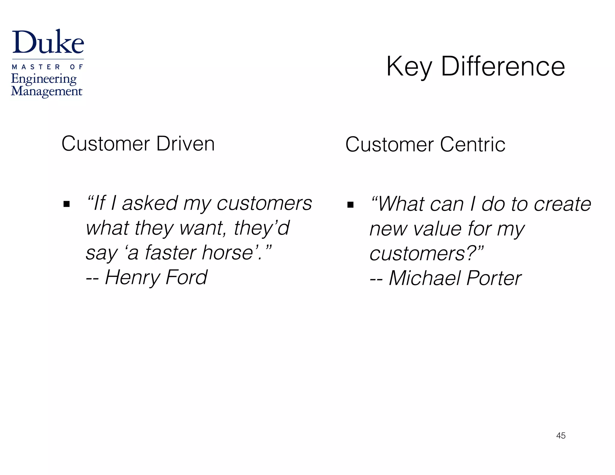 Customer Centric
!
▪ “What can I do to create
new value for my
customers?” 
-- Michael Porter
Customer Driven
!
▪ “If I asked my customers
what they want, they’d
say ‘a faster horse’.”  
-- Henry Ford 
Key Difference
45
 