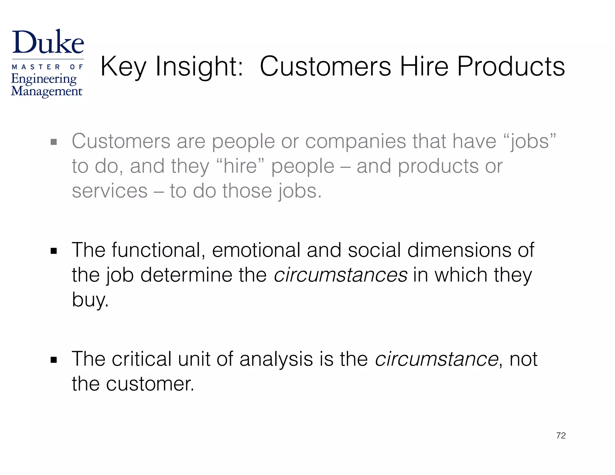 Key Insight: Customers Hire Products
▪ Customers are people or companies that have “jobs”
to do, and they “hire” people – and products or
services – to do those jobs.
!
▪ The functional, emotional and social dimensions of
the job determine the circumstances in which they
buy.
!
▪ The critical unit of analysis is the circumstance, not
the customer.
72
 