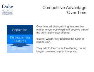 Competitive Advantage  
Over Time
Distinguishing
Features
Reputation
Commodity
Over time, all distinguishing features that
matter to your customers will become part of
the commodity-level offering.
!
In other words, they become the basis of
competition. 
They add to the cost of the offering, but no
longer command a premium price.
 