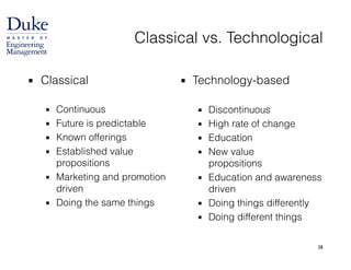 Classical vs. Technological
▪ Classical 
▪ Continuous
▪ Future is predictable
▪ Known offerings
▪ Established value
propositions
▪ Marketing and promotion
driven
▪ Doing the same things
▪ Technology-based
!
▪ Discontinuous
▪ High rate of change
▪ Education
▪ New value  
propositions
▪ Education and awareness
driven
▪ Doing things differently
▪ Doing different things
38
 