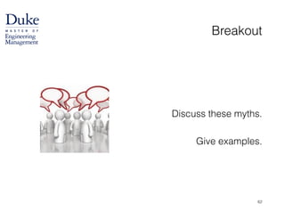 Breakout
!
!
!
Discuss these myths.
!
Give examples.
62
 