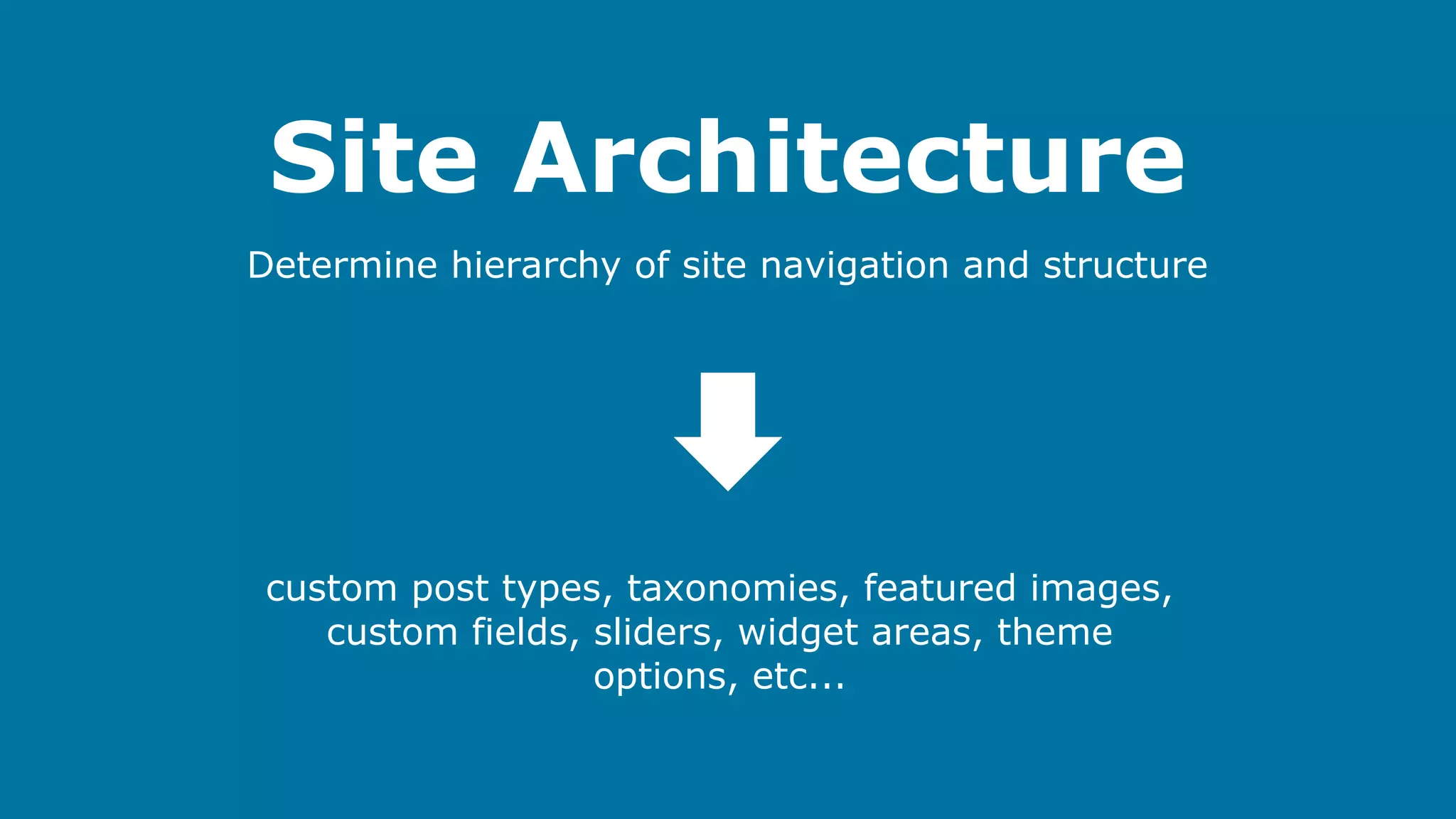 Site Architecture
Determine hierarchy of site navigation and structure

custom post types, taxonomies, featured images,
custom fields, sliders, widget areas, theme
options, etc...

 