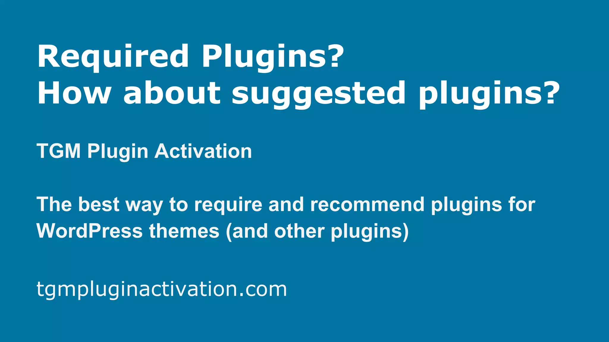 Required Plugins?
How about suggested plugins?
TGM Plugin Activation
The best way to require and recommend plugins for
WordPress themes (and other plugins)
tgmpluginactivation.com

 