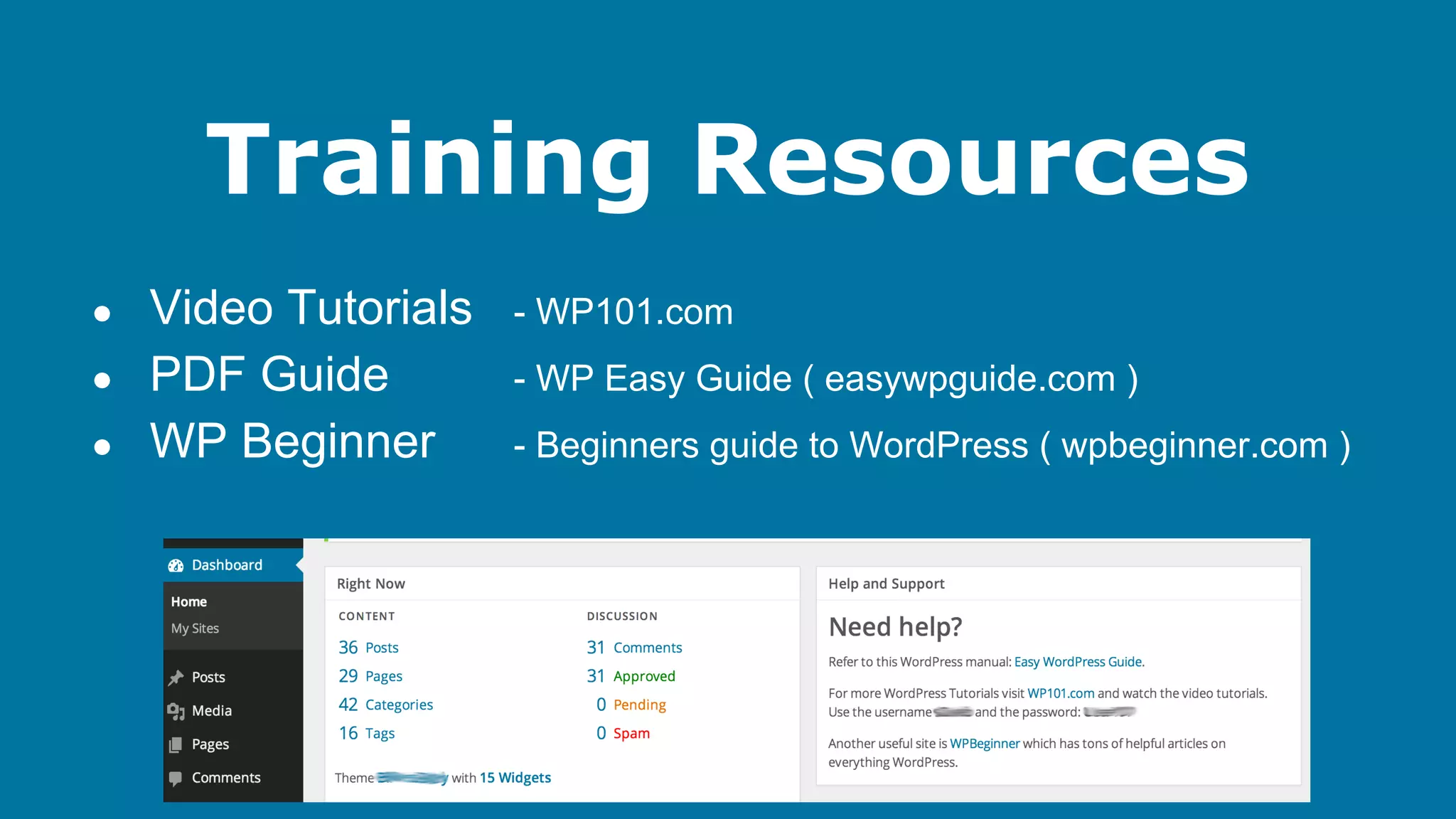 Training Resources
●
●
●

Video Tutorials
PDF Guide
WP Beginner

- WP101.com
- WP Easy Guide ( easywpguide.com )
- Beginners guide to WordPress ( wpbeginner.com )

 