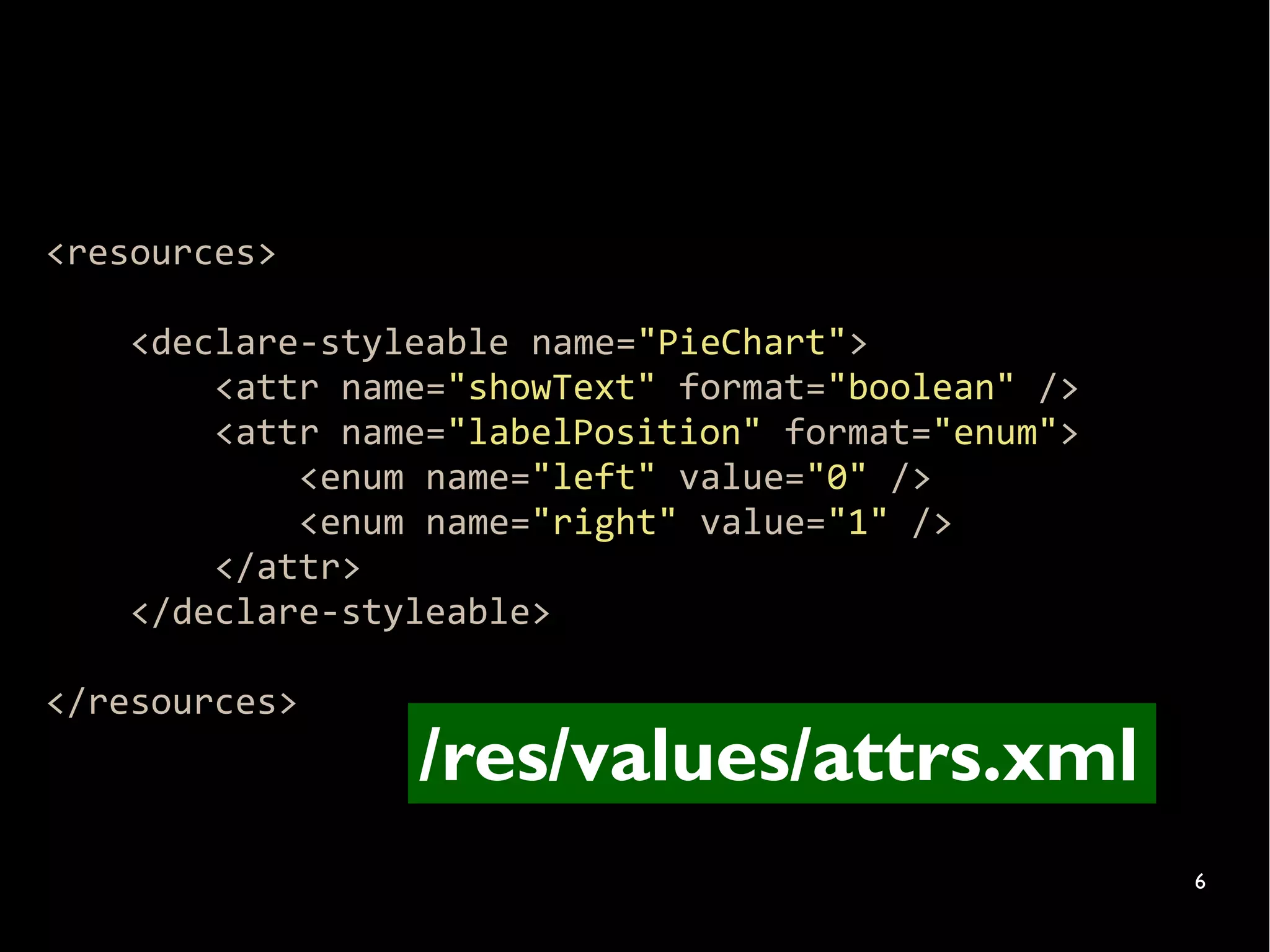 <resources>

    <declare-styleable name="PieChart">
        <attr name="showText" format="boolean" />
        <attr name="labelPosition" format="enum">
            <enum name="left" value="0" />
            <enum name="right" value="1" />
        </attr>
    </declare-styleable>

</resources>
                 /res/values/attrs.xml
                                                    6
 