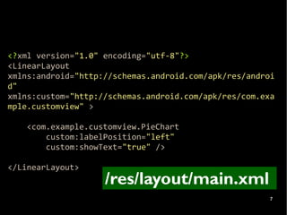 <?xml version="1.0" encoding="utf-8"?>
<LinearLayout
xmlns:android="http://schemas.android.com/apk/res/androi
d"
xmlns:custom="http://schemas.android.com/apk/res/com.exa
mple.customview" >

    <com.example.customview.PieChart
        custom:labelPosition="left"
        custom:showText="true" />

</LinearLayout>
                    /res/layout/main.xml
                                                       7
 