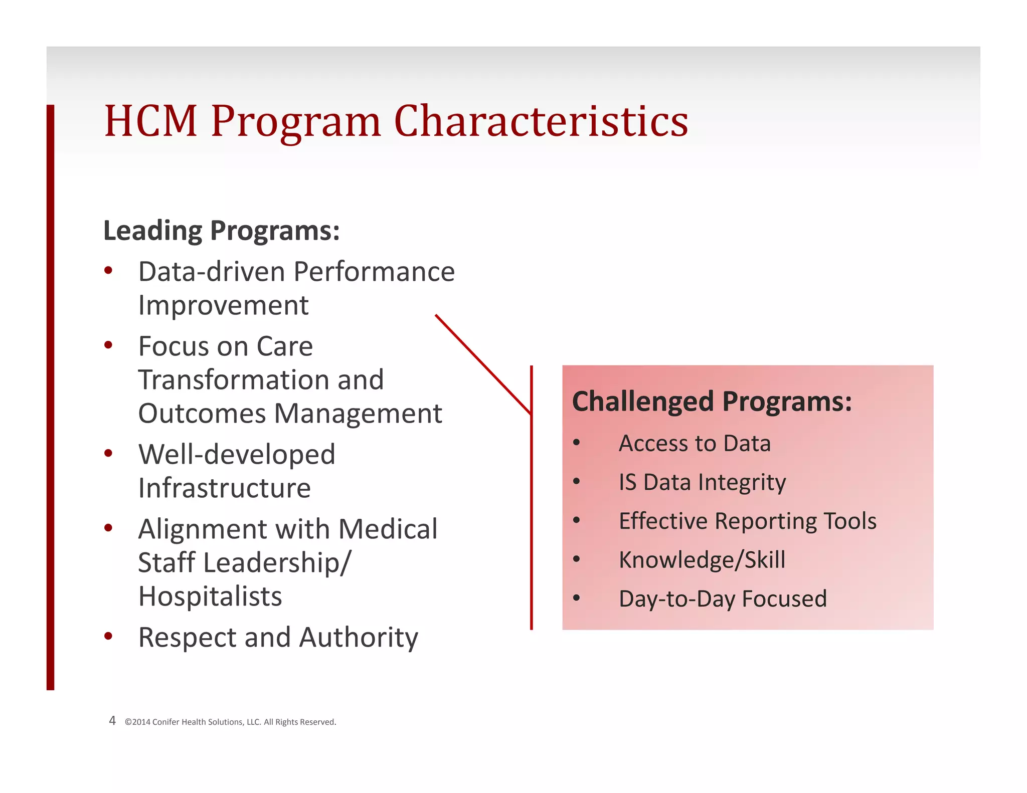 HCM Program Characteristics 
Leading Programs: 
• Data‐driven Performance 
Improvement 
• Focus on Care 
Transformation and 
Outcomes Management 
• Well‐developed 
Infrastructure 
• Alignment with Medical 
Staff Leadership/ 
Hospitalists 
• Respect and Authority 
4 ©2014 Conifer Health Solutions, LLC. All Rights Reserved. 
Challenged Programs: 
• Access to Data 
• IS Data Integrity 
• Effective Reporting Tools 
• Knowledge/Skill 
• Day‐to‐Day Focused 
 