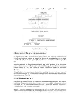 Computer Science & Information Technology (CS & IT)

356

Figure 4. Traffic Signals ontology.

Figure 5. Data Sources ontology.

5. PRINCIPLES OF TRAFFIC MICROSIMULATION
In preparation for traffic microsimulation interest domain was surveyed comprehensively.
Existing microsimulation solutions are based on the principles of cellular automata [23-26] neural
networks [27], [28], multi-agent systems [29-33] and various combinations of these approaches
[34].
Multiagent approach for microsimulation modeling was chosen according to the information
gained in the research area and with regard to the intended usage. In general, transportation and
transport systems are a very good example, in which it is appropriate to apply the agent based
approach.
Geographical distribution, changes in characteristics describing alternating peaks and temporary
inactivity are the reasons for solving computational processing of the transport sphere by agent
oriented technology [35], [36].

5.1. Agent Oriented Approach
Road traffic and transport systems are composed of many autonomous entities that show signs of
intelligence. These entities (in the context of transport are represented by vehicles, intersections,
traffic lights, etc.) are deployed in the network and cover a specific part of the area. They interact
with each other in order to meet a common goal.
Agent is a term for a separate entity. Agents possess the ability to perceive their environment, to
communicate with environment and to make independent decisions about their following actions.

 