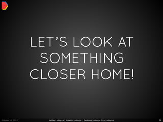 LET’S LOOK AT
                    SOMETHING
                   CLOSER HOME!


October 16, 2012     twitter: udayms | linkedin: udayms | facebook: udayms | g+: udayms   26
 