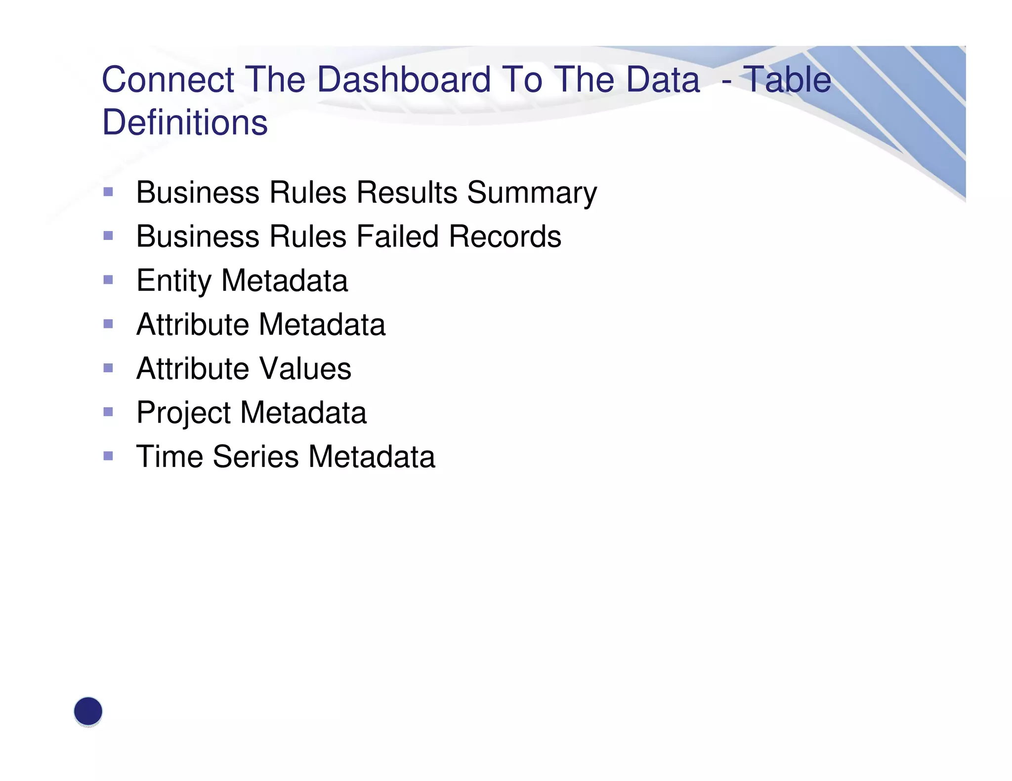 Connect The Dashboard To The Data - Table
Definitions
Business Rules Results Summary
Business Rules Failed Records
Entity Metadata
Attribute Metadata
Attribute Values
Project Metadata
Time Series Metadata
 