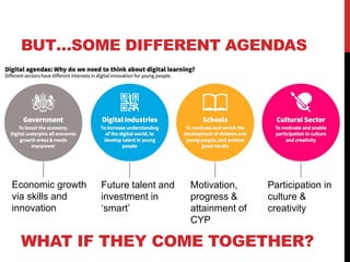 BUT…SOME DIFFERENT AGENDAS
Economic growth
via skills and
innovation
Future talent and
investment in
‘smart’
Motivation,
progress &
attainment of
CYP
Participation in
culture &
creativity
WHAT IF THEY COME TOGETHER?
 
