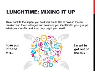 LUNCHTIME: MIXING IT UP
I can put
into the
mix…
I want to
get out of
the mix…
Think back to the impact you said you would like to have in the ice
breaker, and the challenges and solutions you identified in your groups.
What can you offer and what help might you need?
 