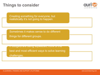 www.aurionlearning.comE-LEARNING | TRAINING AND SUPPORT | PLATFORMS
Things to consider
Creating something for everyone, but
realistically it’s not going to happen.
Sometimes it makes sense to do different
things for different groups.
If budgets are being squeezed, think of the
best and most efficient ways to solve learning
challenges.
 