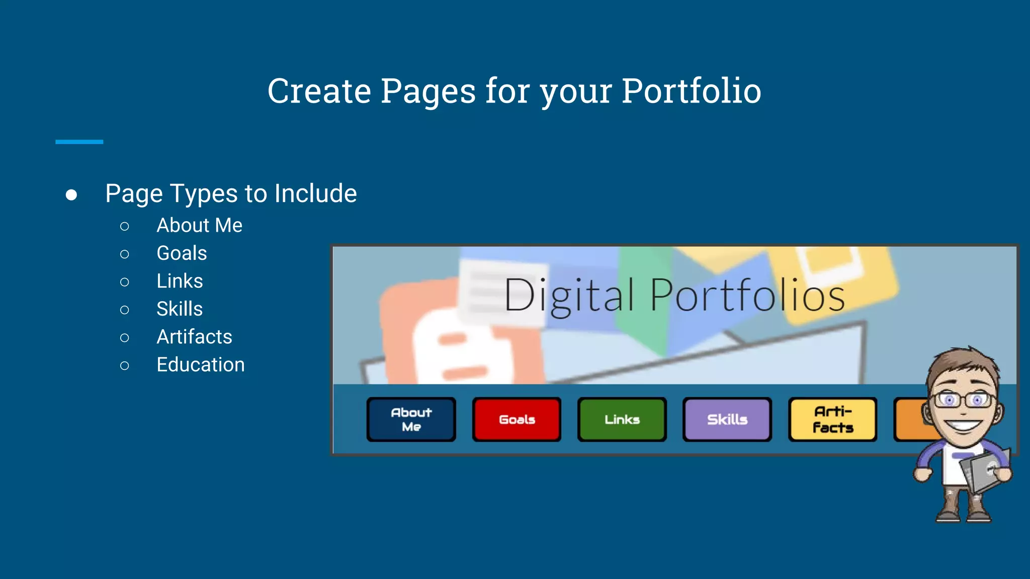 Create Pages for your Portfolio
● Page Types to Include
○ About Me
○ Goals
○ Links
○ Skills
○ Artifacts
○ Education
 