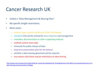 Cancer Research UK
• Called a “Data Management & Sharing Plan”.
• No specific length restrictions.
• Must cover:
– volume, type, content and format of the final dataset
– standards that will be utilised for data collection and management
– metadata, documentation or other supporting material
– method used to share data
– timescale for public release of data
– long-term preservation plan for the dataset
– whether a data sharing agreement will be required
– any reasons why there may be restrictions on data sharing
http://www.cancerresearchuk.org/funding-for-researchers/applying-for-funding/policies-that-affect-your-grant/submission-of-a-
data-sharing-and-preservation-strategy
 