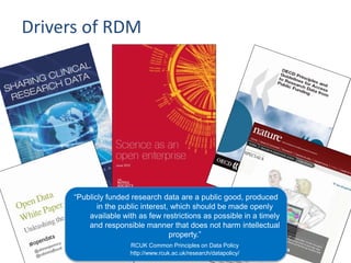 Drivers of RDM
“Publicly funded research data are a public good, produced
in the public interest, which should be made openly
available with as few restrictions as possible in a timely
and responsible manner that does not harm intellectual
property.”
RCUK Common Principles on Data Policy
http://www.rcuk.ac.uk/research/datapolicy/
 