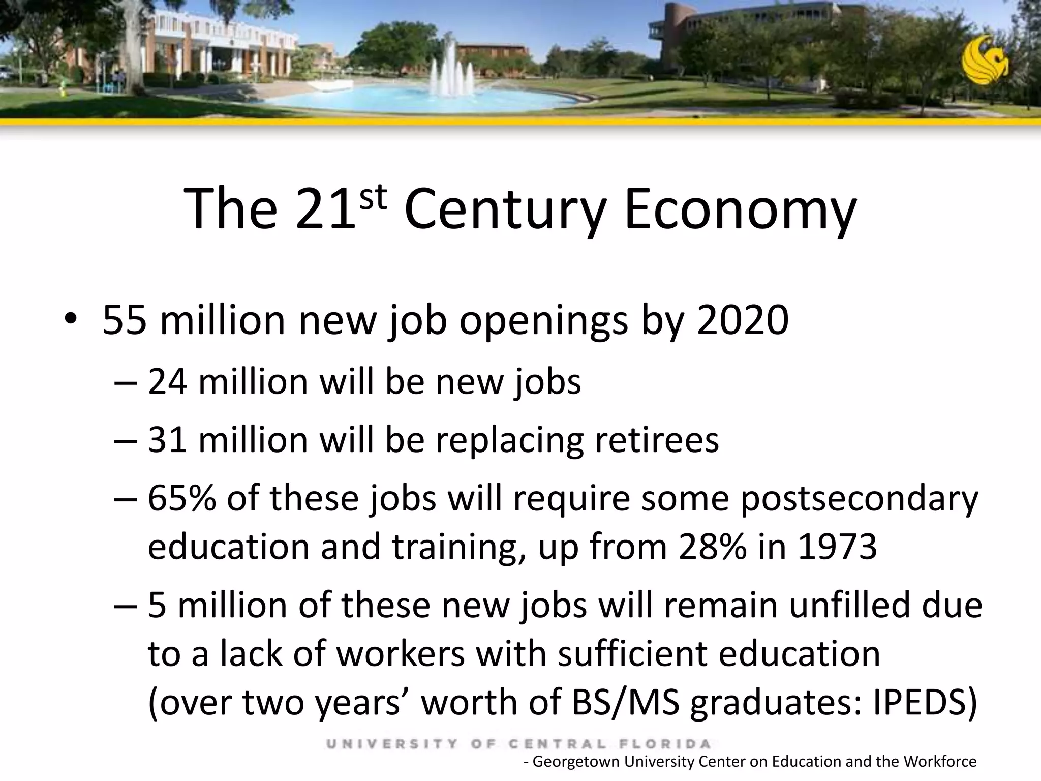 The 21st Century Economy
• 55 million new job openings by 2020
– 24 million will be new jobs
– 31 million will be replacing retirees
– 65% of these jobs will require some postsecondary
education and training, up from 28% in 1973
– 5 million of these new jobs will remain unfilled due
to a lack of workers with sufficient education
(over two years’ worth of BS/MS graduates: IPEDS)
- Georgetown University Center on Education and the Workforce

 