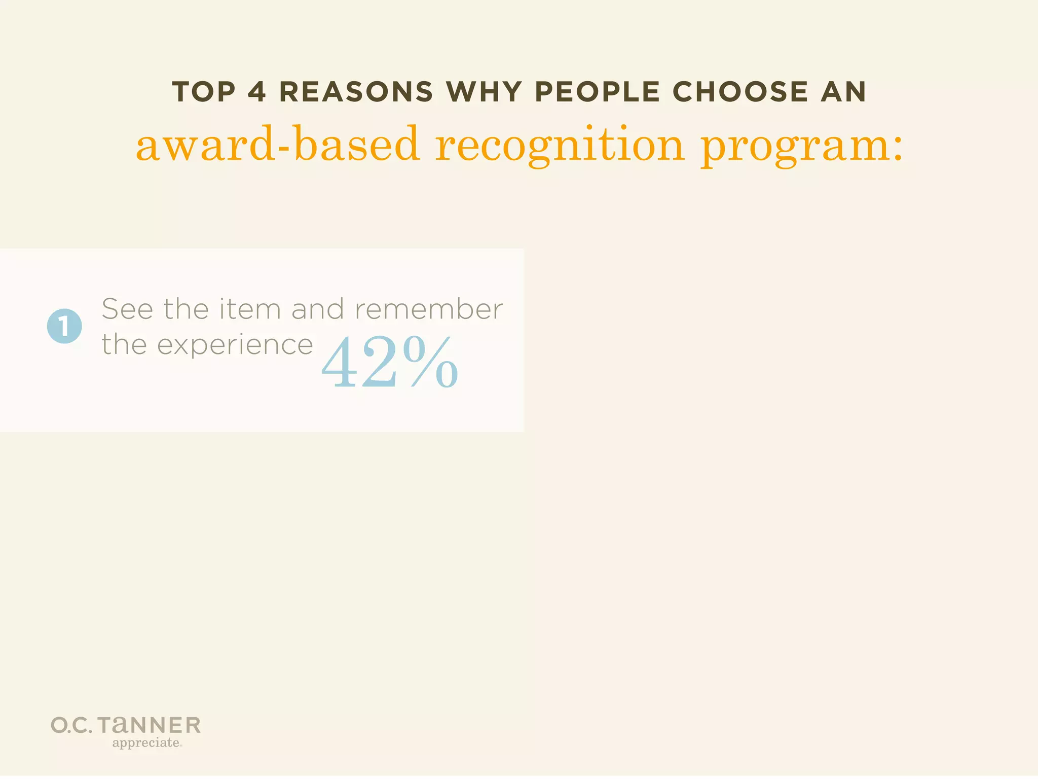 TOP 4 REASONS WHY PEOPLE CHOOSE AN

award-based recognition program:

1

See the item and remember
the experience

42%

 