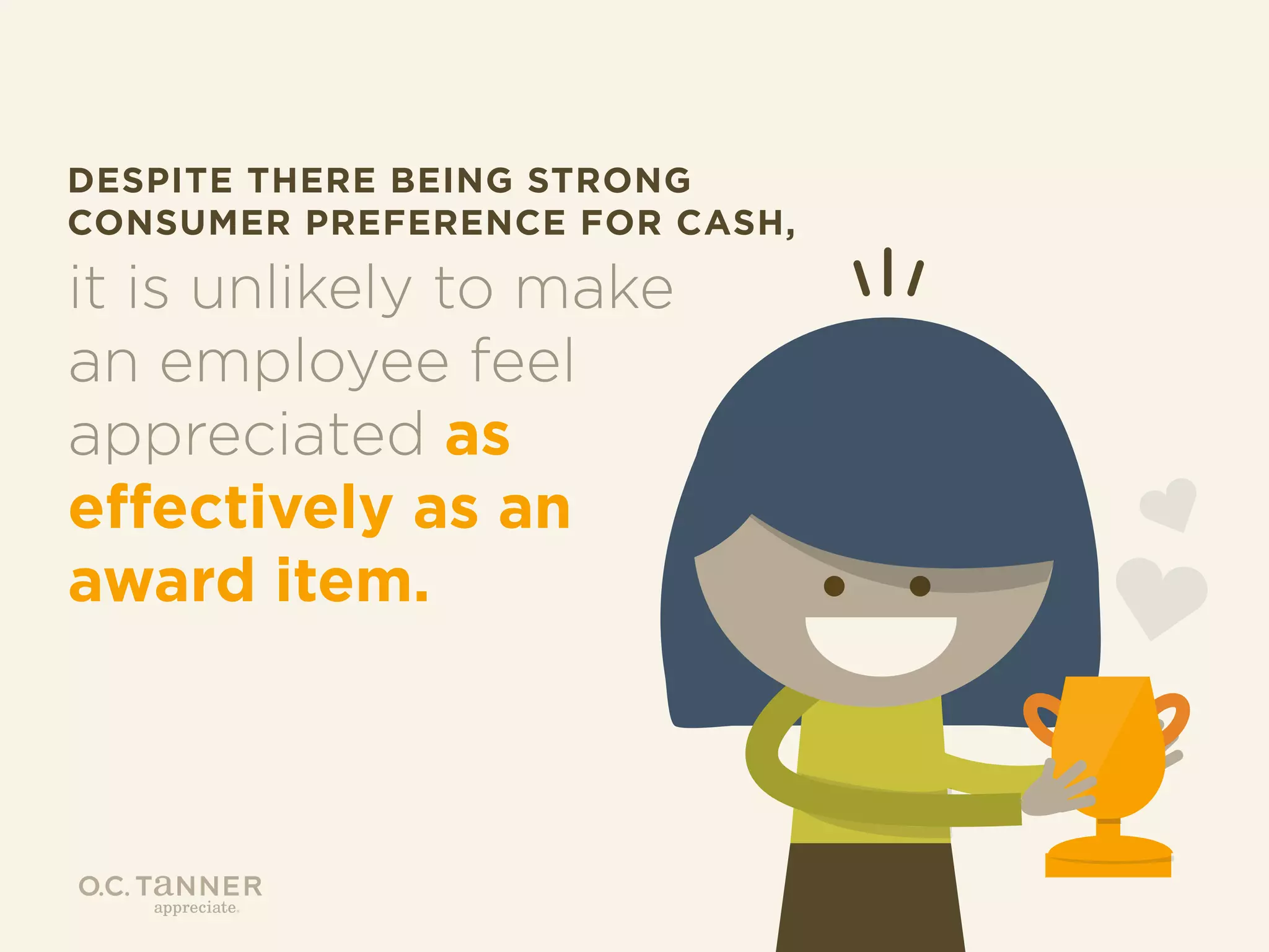 DESPITE THERE BEING STRONG
CONSUMER PREFERENCE FOR CASH,

it is unlikely to make
an employee feel
appreciated as
effectively as an
award item.

 
