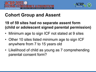 Cohort Group and Assent
19 of 59 sites had no separate assent form
(child or adolescent signed parental permission)
• Minimum age to sign ICF not stated at 9 sites
• Other 10 sites listed minimum age to sign ICF
  anywhere from 7 to 15 years old
• Likelihood of child as young as 7 comprehending
  parental consent form?
 