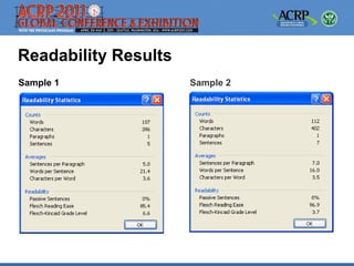 Readability Results
Sample 1              Sample 2
 