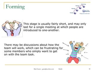 Forming This stage is usually fairly short, and may only  last for a single meeting at which people are  introduced to one-another.  There may be discussions about how the  team will work, which can be frustrating for  some members who simply want to get  on with the team task. 
