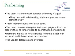Performing The team is able to work towards achieving it’s goal  They deal with relationship, style and process issues  along the way.  Team members look after each other.  The team requires delegated tasks and projects from the leader (they no longer need to be instructed or assisted) Members might ask for assistance from the leader with personal and interpersonal development.  The Leader delegates and oversees 