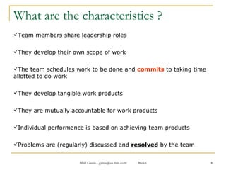What are the characteristics ? Team members share leadership roles They develop their own scope of work The team schedules work to be done and  commits  to taking time allotted to do work They develop tangible work products They are mutually accountable for work products Individual performance is based on achieving team products Problems are (regularly) discussed and  resolved  by the team 