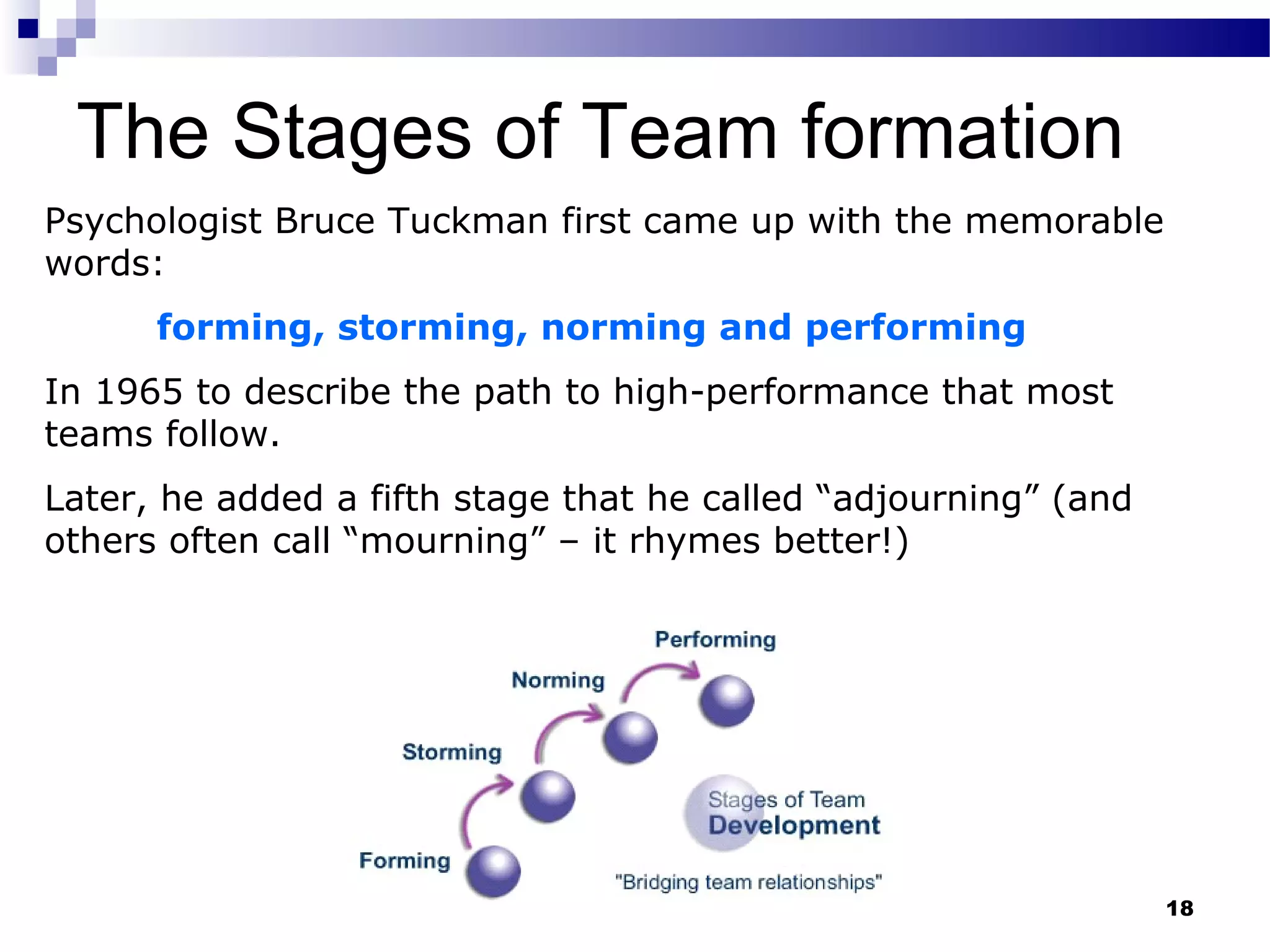 The Stages of Team formation
Psychologist Bruce Tuckman first came up with the memorable
words:
      forming, storming, norming and performing
In 1965 to describe the path to high-performance that most
teams follow.
Later, he added a fifth stage that he called “adjourning” (and
others often call “mourning” – it rhymes better!)




                                                                 18
 