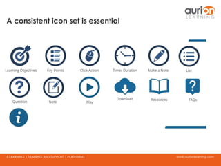 www.aurionlearning.comE-LEARNING | TRAINING AND SUPPORT | PLATFORMS
A consistent icon set is essential
 